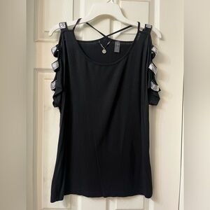 BKE Black Cold Shoulder Top with Silver Accents